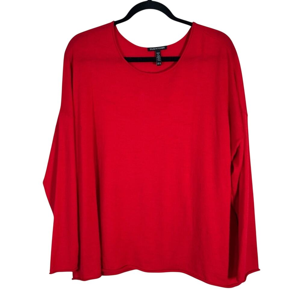 Eileen Fisher Red Merino Wool Sweater Womens XL Quiet Luxury Classic Rolled Edge